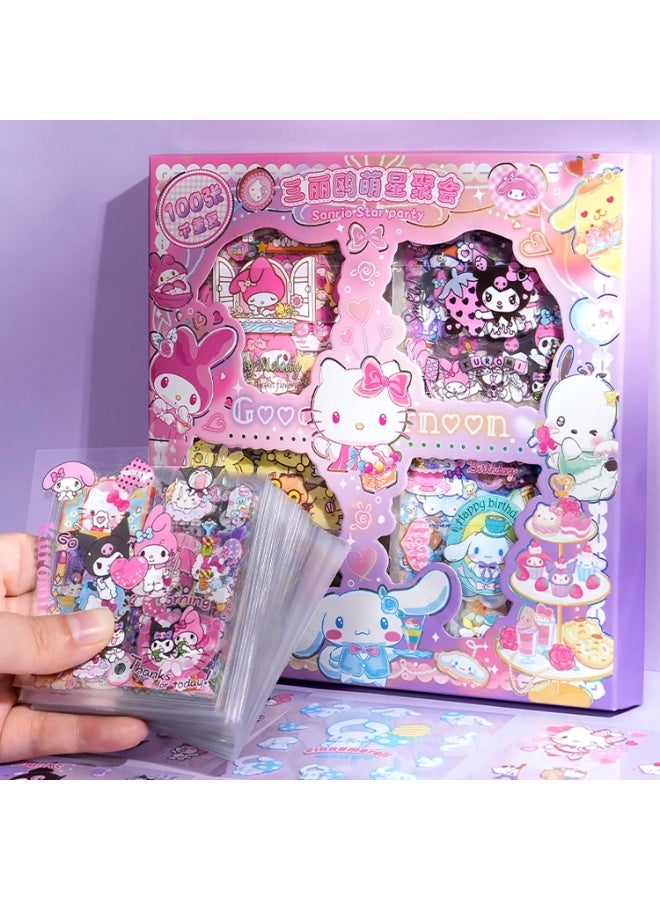 Sanrio Character Vinyl Sticker Set, 100 Sheets Hello Kitty My Melody Kuromi Cinnamoroll Cartoon Stickers for Journaling, Scrapbooking, Laptops & Room Decoration - Image 1