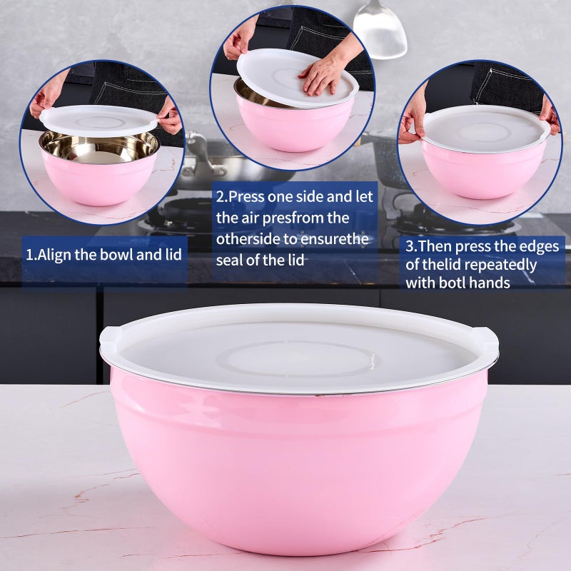 Onlycooker Pink Mixing Bowls With Airtight Lids,Stainless Steel Bowl,Salad Bowls 7 Piece Colorful Nesting Bowl Pink Kitchen Accessories,Size 7,3.6,2.7,2.1,1.5,1.1,0.8QT Stackable Design - Image 3
