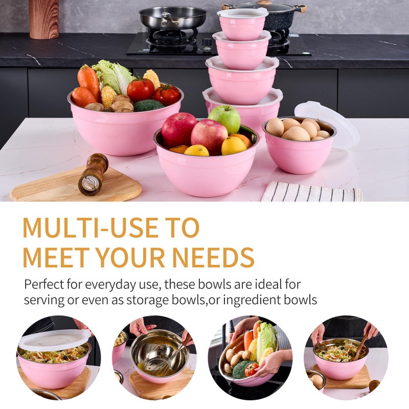 Onlycooker Pink Mixing Bowls With Airtight Lids,Stainless Steel Bowl,Salad Bowls 7 Piece Colorful Nesting Bowl Pink Kitchen Accessories,Size 7,3.6,2.7,2.1,1.5,1.1,0.8QT Stackable Design - Image 5