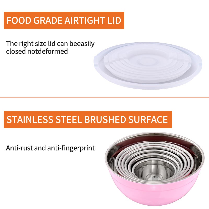 Onlycooker Pink Mixing Bowls With Airtight Lids,Stainless Steel Bowl,Salad Bowls 7 Piece Colorful Nesting Bowl Pink Kitchen Accessories,Size 7,3.6,2.7,2.1,1.5,1.1,0.8QT Stackable Design - Image 4