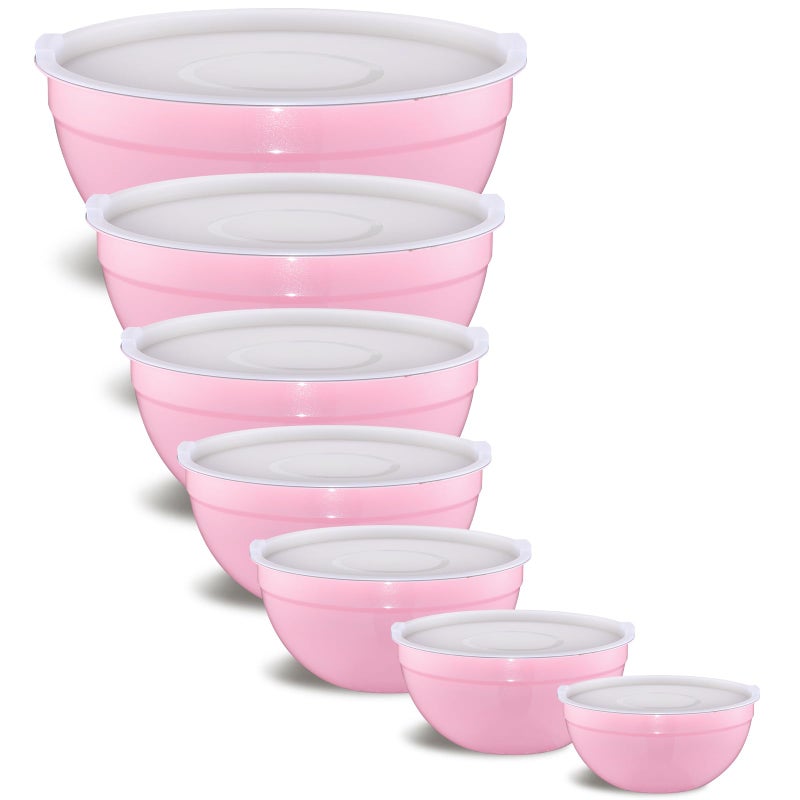 Onlycooker Pink Mixing Bowls With Airtight Lids,Stainless Steel Bowl,Salad Bowls 7 Piece Colorful Nesting Bowl Pink Kitchen Accessories,Size 7,3.6,2.7,2.1,1.5,1.1,0.8QT Stackable Design - Image 1