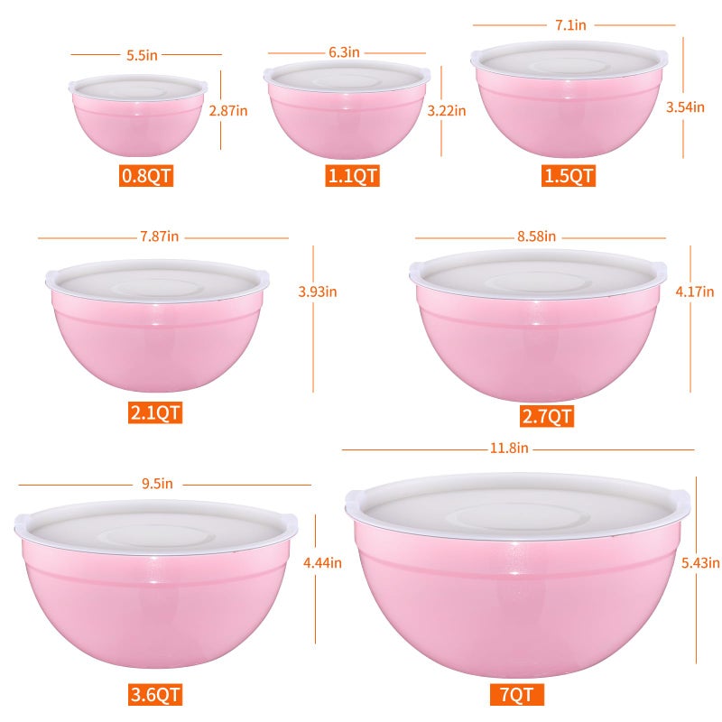 Onlycooker Pink Mixing Bowls With Airtight Lids,Stainless Steel Bowl,Salad Bowls 7 Piece Colorful Nesting Bowl Pink Kitchen Accessories,Size 7,3.6,2.7,2.1,1.5,1.1,0.8QT Stackable Design - Image 2