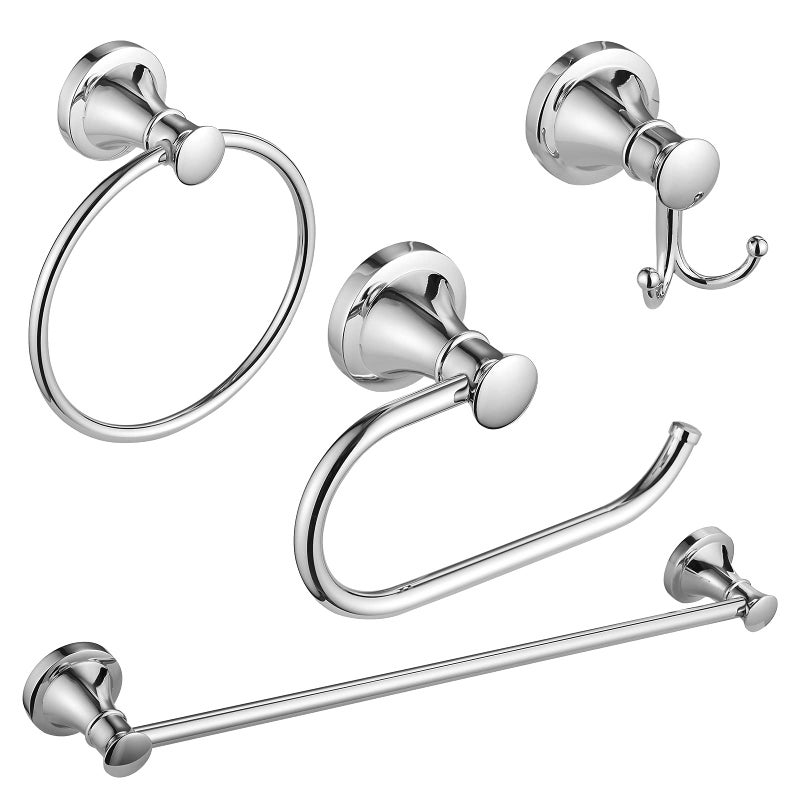 BESy Polished Chrome 4 Piece Bathroom Accessories Set Single Towel Bar Towel Ring Toilet Paper Holder Double Towel Hooks Wall Mounted Bath Hardware Accessory Fixtures Rack Set