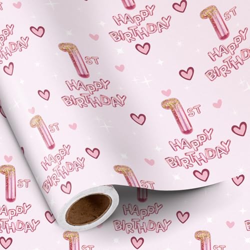 RUSPEPA 1st Birthday Wrapping Paper Girls Hearts and Pink Number 1 Balloons Happy Birthday Design 1 Year Old Mini Roll 17 Inches x 164 Feet Perfect for Girls Birthday Party Gifts - Image 1