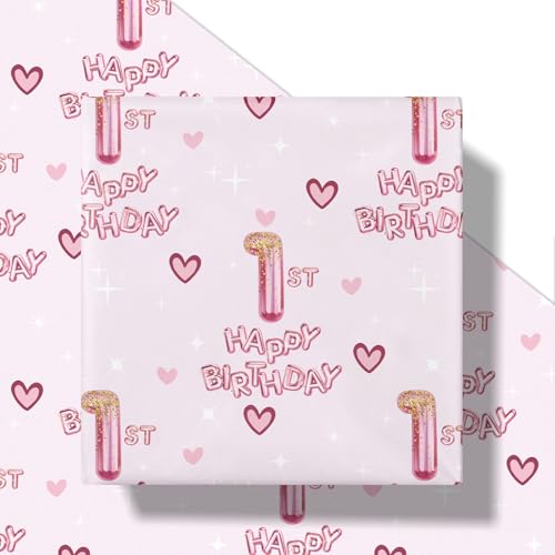 RUSPEPA 1st Birthday Wrapping Paper Girls Hearts and Pink Number 1 Balloons Happy Birthday Design 1 Year Old Mini Roll 17 Inches x 164 Feet Perfect for Girls Birthday Party Gifts - Image 3