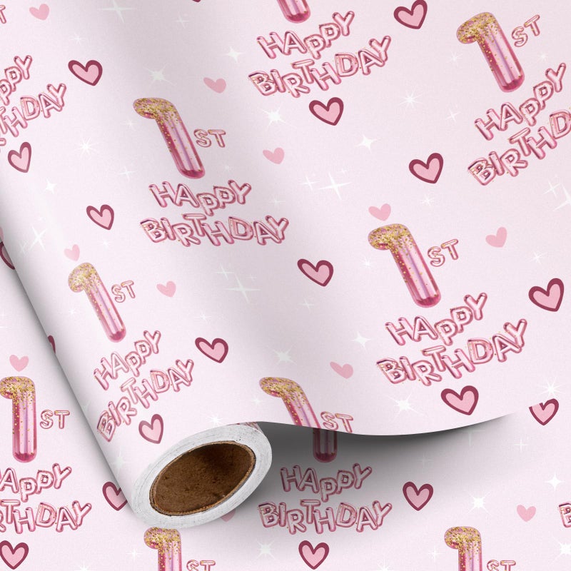 RUSPEPA 1st Birthday Wrapping Paper Girls Hearts and Pink Number 1 Balloons Happy Birthday Design 1 Year Old Mini Roll 17 Inches x 164 Feet Perfect for Girls Birthday Party Gifts - Image 2
