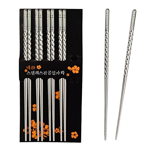 Rbenxia Metal Steel Chopstick Stainless Steel Spiral Chopsticks 8.8 Inches Long Lightweight Chopstick Set Reusable Classic Style for Kitchen Dinner 5 Pairs Silver - Image 1