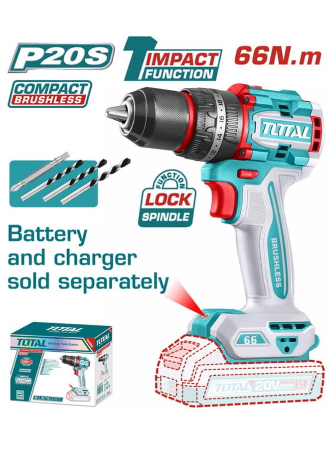 TOTAL Compact Brushless Cordless Impact Drill Li-ion 20V 66Nm BL Motor TDLI206681