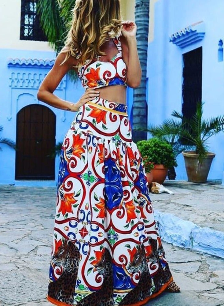 NIBEMINENT طقم فستان مطبوع أنيق للنساء بتصميم هالتر، طقم شاطئي بوهيمي من قطعتين - Image 1