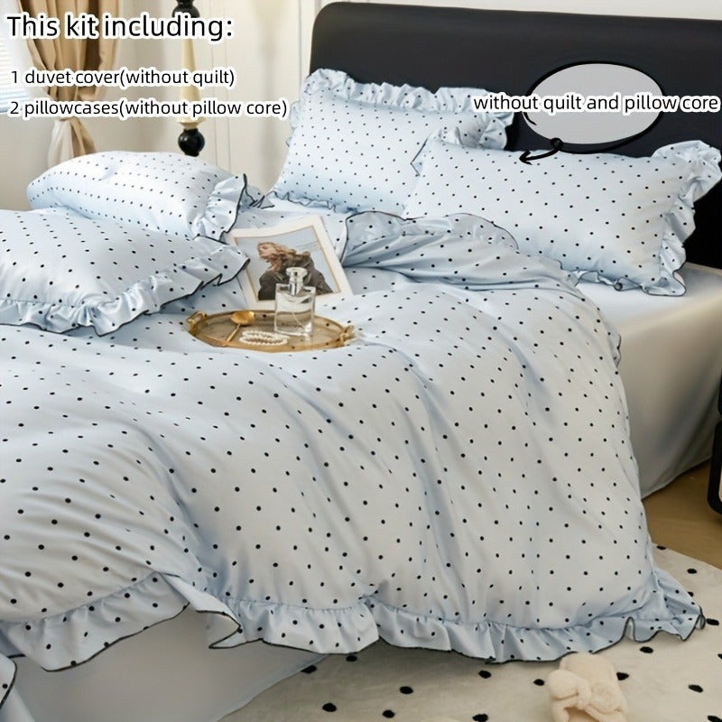 3pcss Black Polka Dot Print Bedding 3pcs Set Cream Duvet Cover And Lace Pillowcases - Image 1