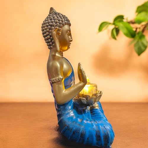 SkyKey New Polyresin Sitting Buddha Idol with Candle Holder Statue Showpiece for Home Decor Decoration Gift Gifting Items| Gold and Blue, 25CM - Image 3