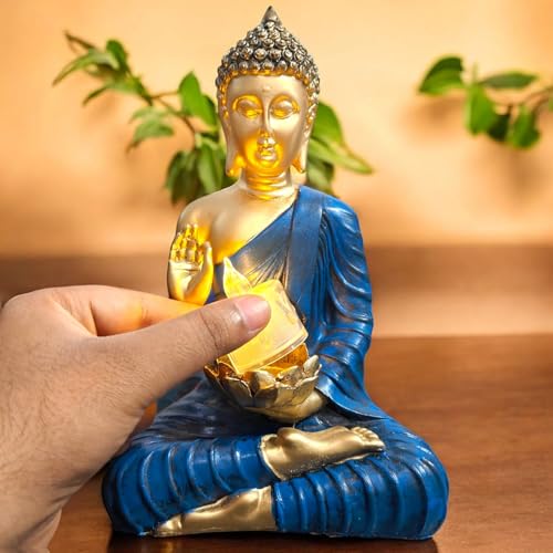 SkyKey New Polyresin Sitting Buddha Idol with Candle Holder Statue Showpiece for Home Decor Decoration Gift Gifting Items| Gold and Blue, 25CM - Image 1