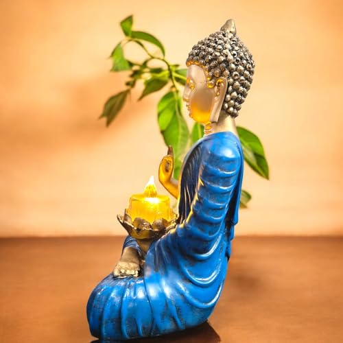 SkyKey New Polyresin Sitting Buddha Idol with Candle Holder Statue Showpiece for Home Decor Decoration Gift Gifting Items| Gold and Blue, 25CM - Image 2