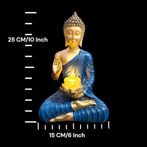 SkyKey New Polyresin Sitting Buddha Idol with Candle Holder Statue Showpiece for Home Decor Decoration Gift Gifting Items| Gold and Blue, 25CM - Image 5