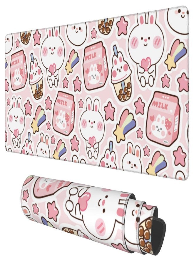 KOAIWPAE Desk Mat, Pink Kawaii Rabbit Extended Gaming Mouse Pad Large, 35.4"x15.7" Big Mouse Pad with Non-Slip Base and Stitched Edge, Long Computer Keyboard Mouse Mat for Home Office Work - Image 1