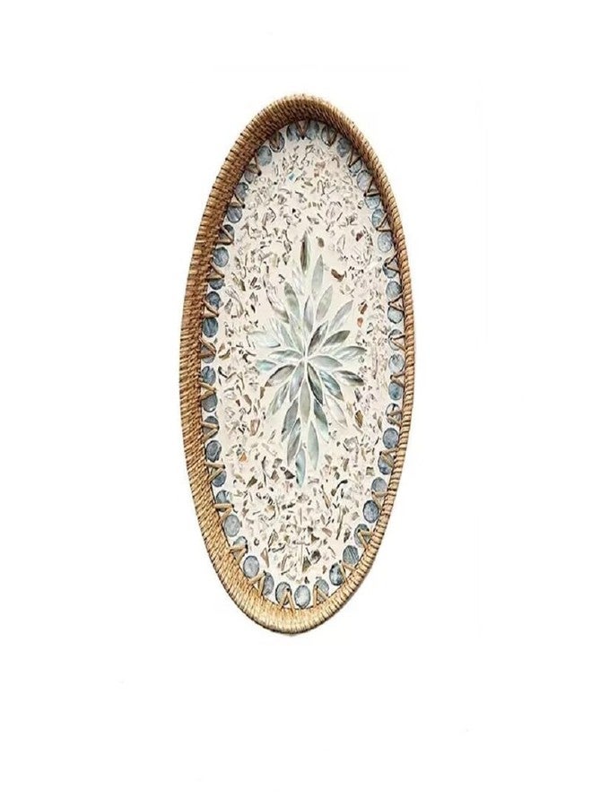 Afiaiwei 14.5 Inch Serving Tray for Coffee Table Ottoman Décor Tray for Living Room Mother of Pearl Inlay Rattan Centerpiece Tray for Candle Holder, Flower, Coffee, Bread, Fruit (Large) - Image 1