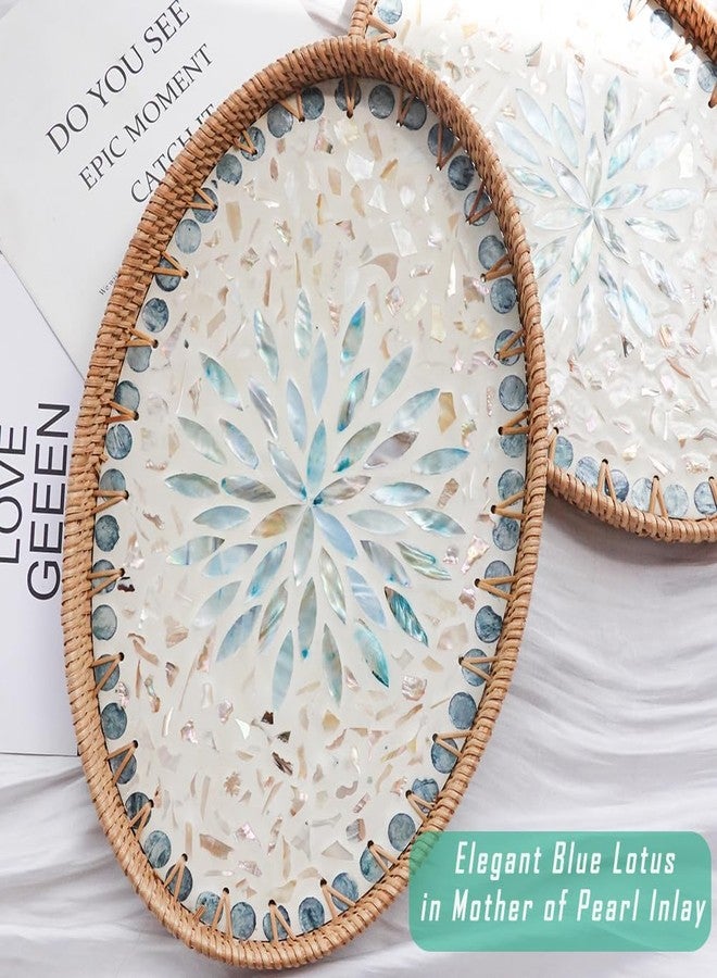 Afiaiwei 14.5 Inch Serving Tray for Coffee Table Ottoman Décor Tray for Living Room Mother of Pearl Inlay Rattan Centerpiece Tray for Candle Holder, Flower, Coffee, Bread, Fruit (Large) - Image 2