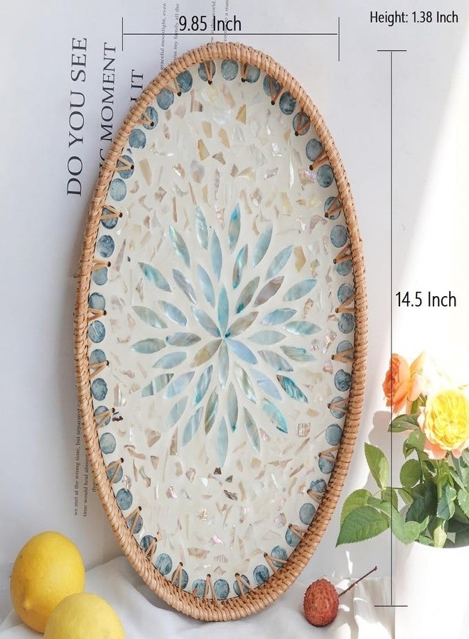 Afiaiwei 14.5 Inch Serving Tray for Coffee Table Ottoman Décor Tray for Living Room Mother of Pearl Inlay Rattan Centerpiece Tray for Candle Holder, Flower, Coffee, Bread, Fruit (Large) - Image 5