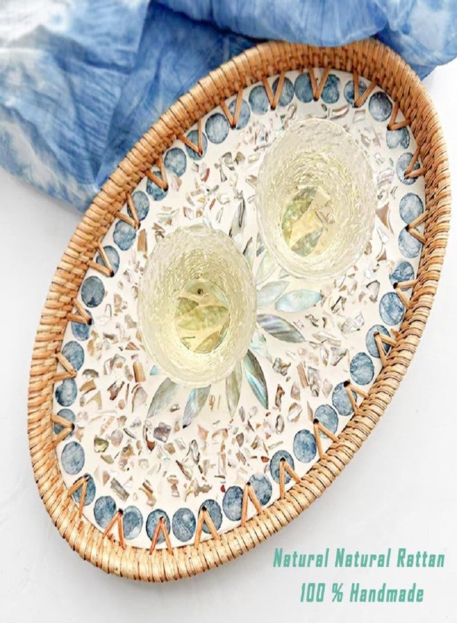 Afiaiwei 14.5 Inch Serving Tray for Coffee Table Ottoman Décor Tray for Living Room Mother of Pearl Inlay Rattan Centerpiece Tray for Candle Holder, Flower, Coffee, Bread, Fruit (Large) - Image 3
