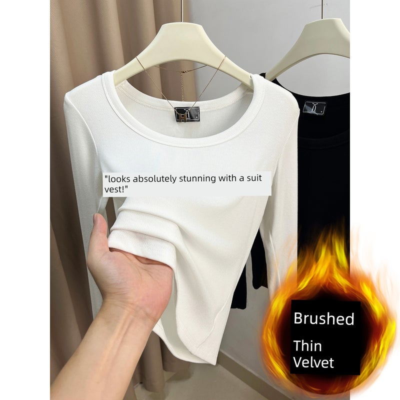 Flower gray long-sleeved large U-neck base shirt, girls' low-neck top, basic versatile solid color thread simple inner wear t-shirt - Image 2