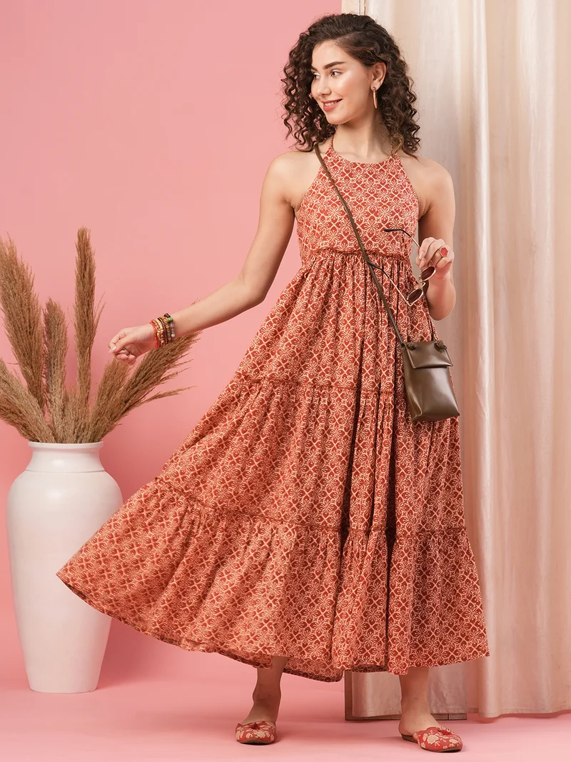 globus Globus Women Strappy Halter Neck Tiered Floral Printed Fit & Flare Maxi Dress