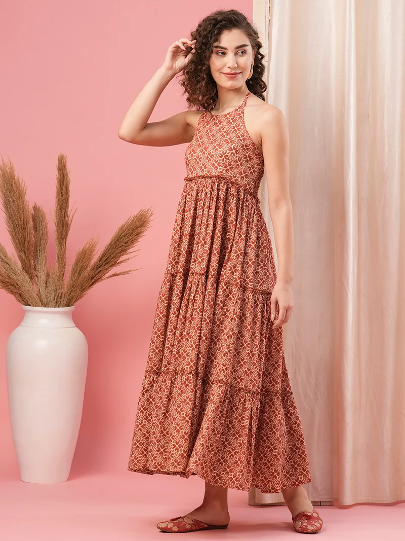 globus Globus Women Strappy Halter Neck Tiered Floral Printed Fit & Flare Maxi Dress