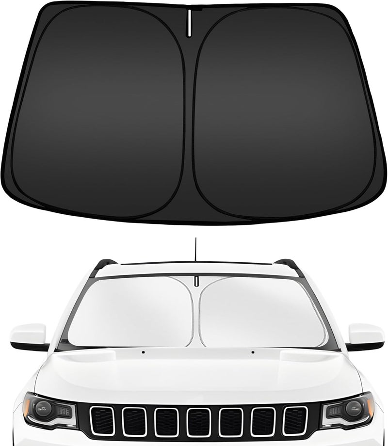 ARISMOTOR ظل شمسي للزجاج الأمامي لسيارة Jeep Compass للموديلات 2017-2024، مصمم خصيصًا ليناسب الزجاج الأمامي، قابل للطي، يحمي من أشعة الشمس ويحافظ على برودة السيارة. - Image 1