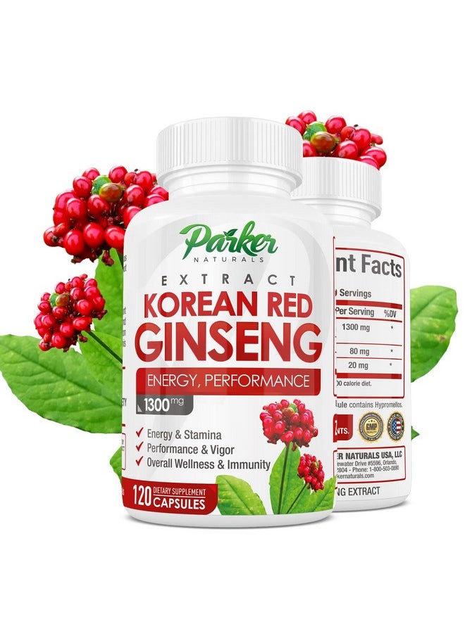 Parker Naturals - Korean Red Panax Ginseng Extract 1300 Mg Energy Performance 120 Caps. Supports Stamina Vigor Overall Wellness Immunity With Ginger Root Black Pepper Made In Usa - Image 1