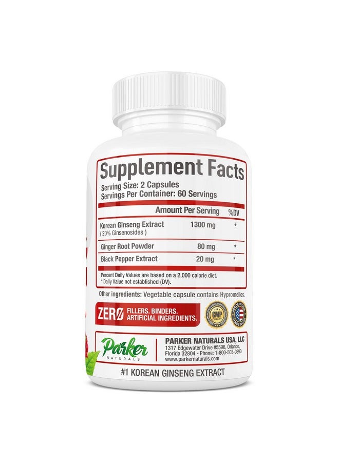Parker Naturals - Korean Red Panax Ginseng Extract 1300 Mg Energy Performance 120 Caps. Supports Stamina Vigor Overall Wellness Immunity With Ginger Root Black Pepper Made In Usa - Image 1