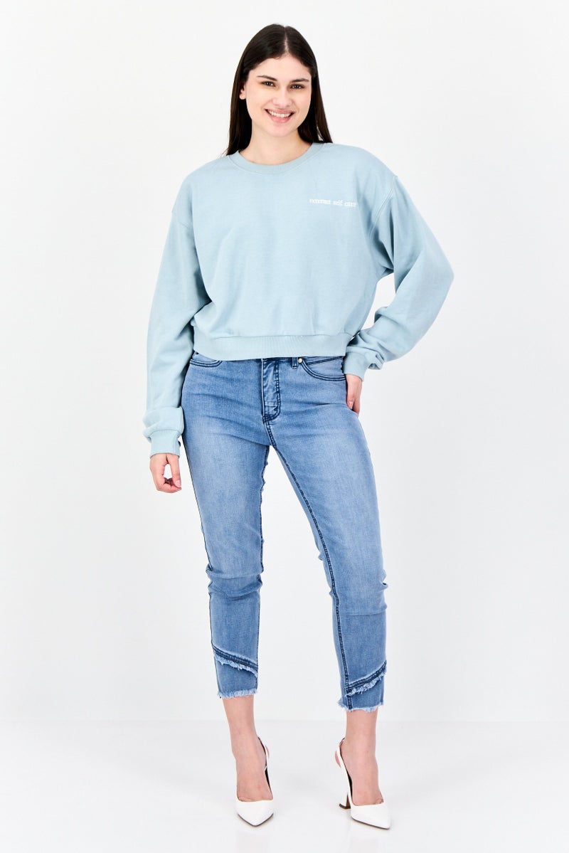 NIA Women Crew Neck Embroidered Long Sleeve Sweatshirt, Light Blue - Image 4