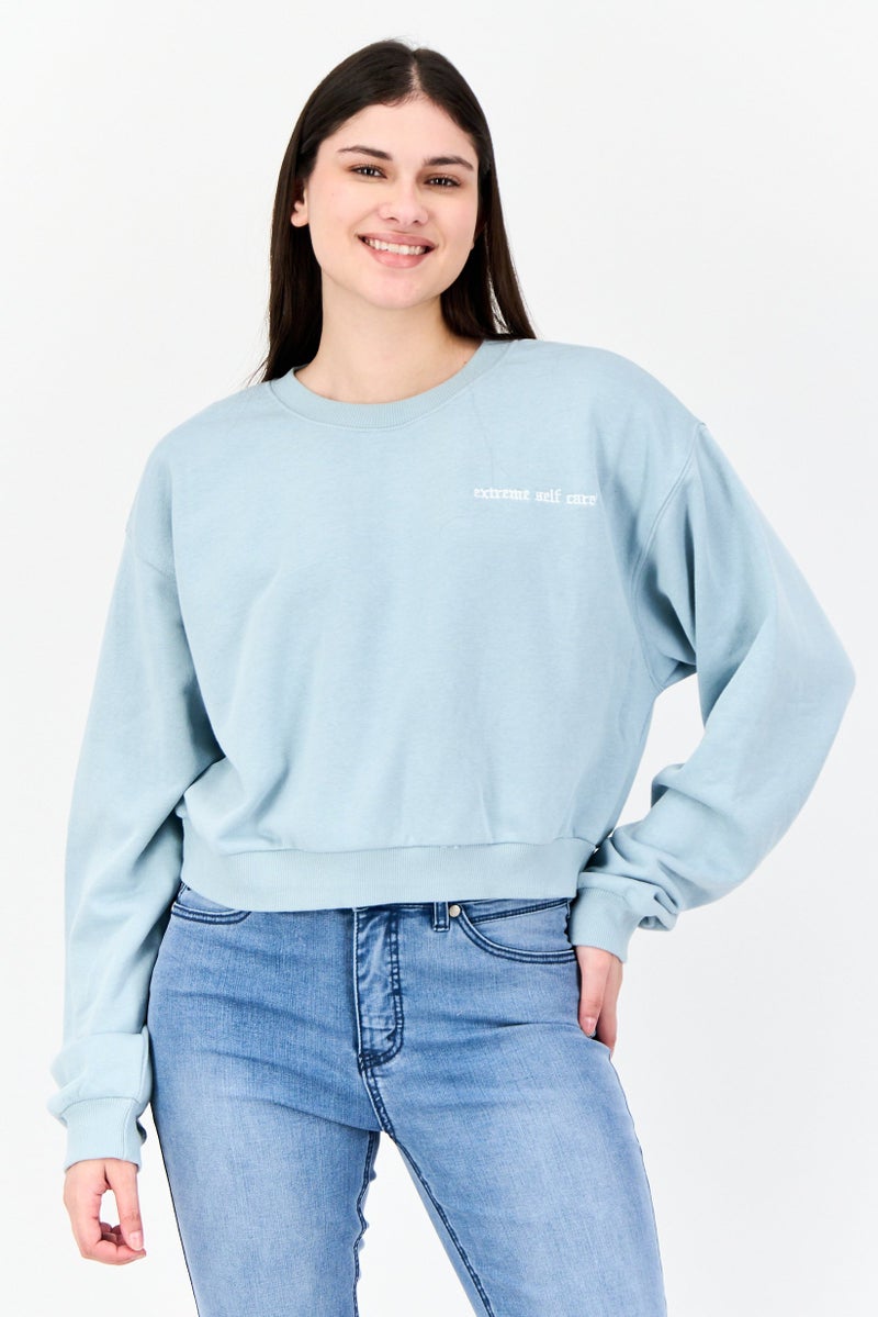 NIA Women Crew Neck Embroidered Long Sleeve Sweatshirt, Light Blue - Image 1