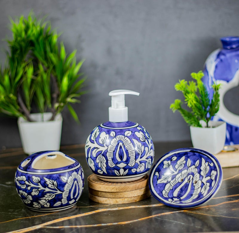 Kaolinite Ceramic Bathroom Accessories Set for Utility and Bathroom Decor | Liquid Soap Dispenser, soap Tray, Toothbrus Holder Blue - Image 2