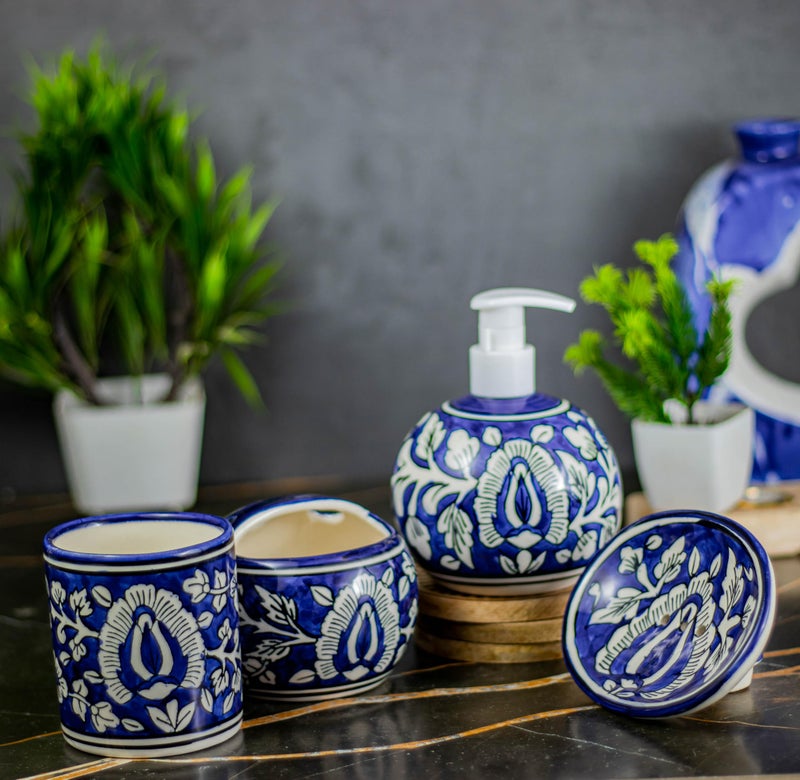 Kaolinite Ceramic Bathroom Accessories Set for Utility and Bathroom Decor | Liquid Soap Dispenser, soap Tray, Toothbrus Holder Blue - Image 1