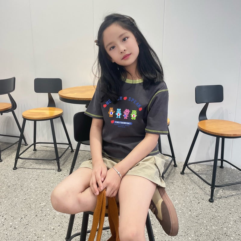 Girls Cotton Short-Sleeved T-Shirt Summer Children'S Cartoon Base Shirt Crewneck Half-Sleeved Top Trendy - Image 1