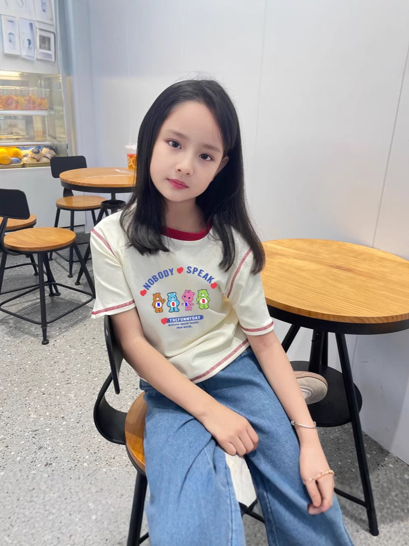 Girls Cotton Short-Sleeved T-Shirt Summer Children'S Cartoon Base Shirt Crewneck Half-Sleeved Top Trendy - Image 2