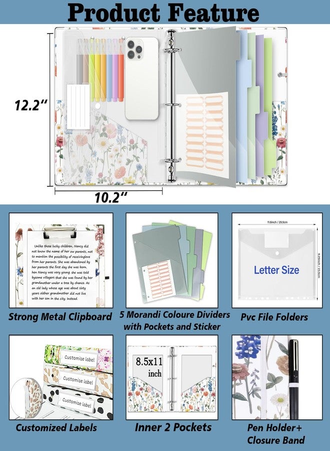 BVSSX 3 Ring Binder 1 Inch, Three Ring Binder Organizer with Clipboard, 5-Tabs Pockets Dividers, Plastic Folder, 18 Divider Stikers, Cute Binder with Pen Loop (Blue Bloom, Letter Size) - Image 2