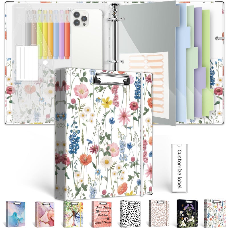 BVSSX 3 Ring Binder 1 Inch, Three Ring Binder Organizer with Clipboard, 5-Tabs Pockets Dividers, Plastic Folder, 18 Divider Stikers, Cute Binder with Pen Loop (Blue Bloom, Letter Size) - Image 1