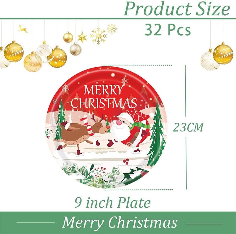 BIGTHREE Christmas Party Paper Plates - 32 Pcs 9in Disposable Tableware with Winter Snowflakes and Santa Design - Image 2