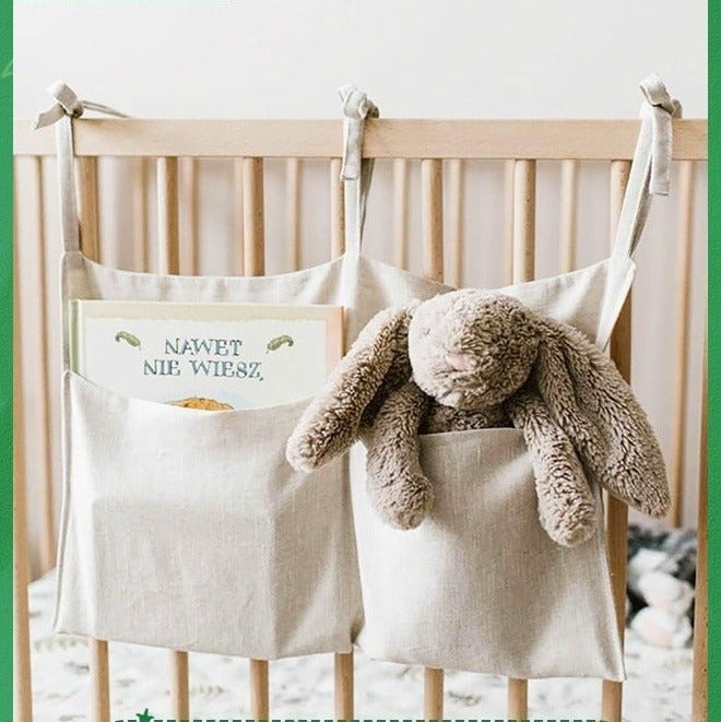 Linen Baby Bedside Hanging Storage Bag,2 Pockets Organizer for Baby Cribs and Toys,Side Hanging Storage Bag for Crib,Multifunctional Diaper Bag,Toy Storage Bag - Image 1