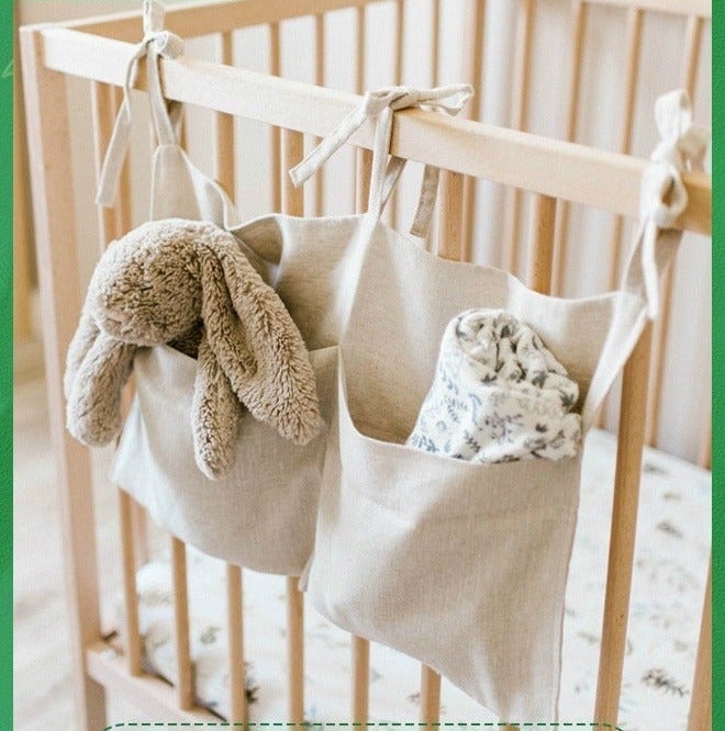 Linen Baby Bedside Hanging Storage Bag,2 Pockets Organizer for Baby Cribs and Toys,Side Hanging Storage Bag for Crib,Multifunctional Diaper Bag,Toy Storage Bag - Image 2