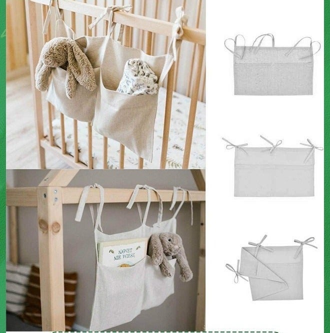 Linen Baby Bedside Hanging Storage Bag,2 Pockets Organizer for Baby Cribs and Toys,Side Hanging Storage Bag for Crib,Multifunctional Diaper Bag,Toy Storage Bag - Image 3