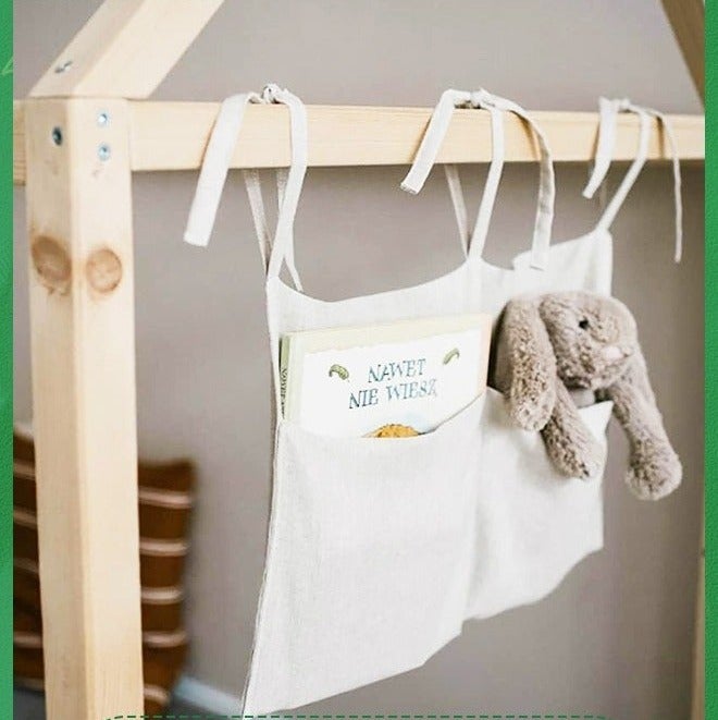 Linen Baby Bedside Hanging Storage Bag,2 Pockets Organizer for Baby Cribs and Toys,Side Hanging Storage Bag for Crib,Multifunctional Diaper Bag,Toy Storage Bag - Image 4