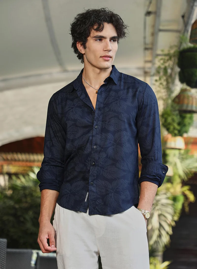 كامبوس سوترا Men's Navy Blue Shadowed Foliage Shirt For Casual Wear | Spread Collar | Long Cuffed Sleeves | Button Closure | Shirt Crafted With Comfort Fit For Everyday Wear