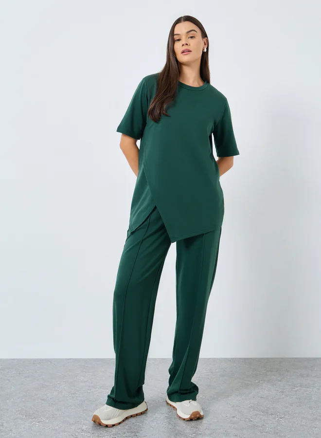 ستايلي Styli Dark Green Asymmetric Hem T-Shirt and Joggers Co-Ords