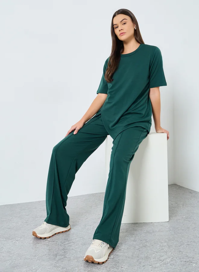 ستايلي Styli Dark Green Asymmetric Hem T-Shirt and Joggers Co-Ords