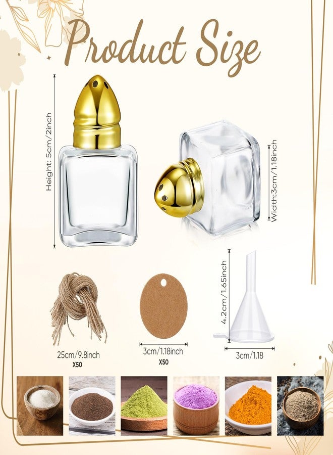 Uiifan مجموعة أوييفان المكونة من 50 قطعة، كل قطعة تحتوي على 0.5 أونصة من علب الملح والفلفل الصغيرة ذات الأغطية الذهبية اللون، وحوامل توابل زجاجية شفافة، بالإضافة إلى 5 قمع بلاستيكي و50 بطاقة و50 حبلًا، مناسبة لحفلات الزفاف والمطبخ (شكل مربع). - Image 2