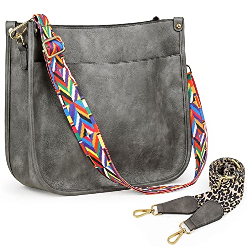 HKCLUF Crossbody Bags for Women Trendy Vegan Leather Hobo Handbags With 2 Adjustable Guitar Strap Crossbody Shoulder Bucket Purse for Women(Gray) - Image 1
