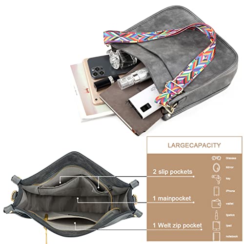 HKCLUF Crossbody Bags for Women Trendy Vegan Leather Hobo Handbags With 2 Adjustable Guitar Strap Crossbody Shoulder Bucket Purse for Women(Gray) - Image 2