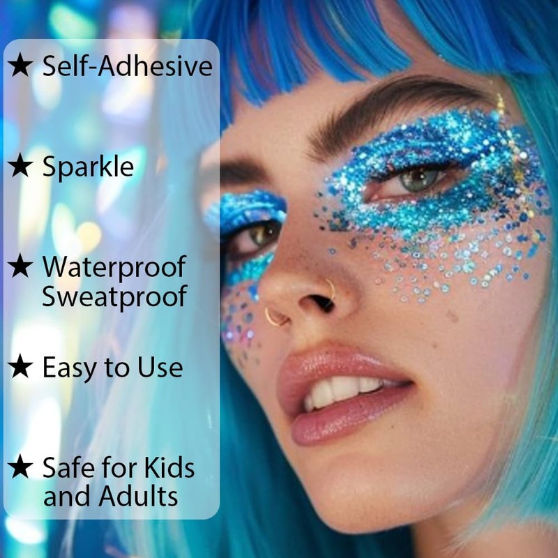 Mysense Royal Blue Body Glitter Gel, Singer Concerts Face Hair Glitter Makeup, Music Festival Rave Accessories, Chunky Glitter Mermaid Sequins, Sparkling Face Paint for Women Girls, 30g - Image 3