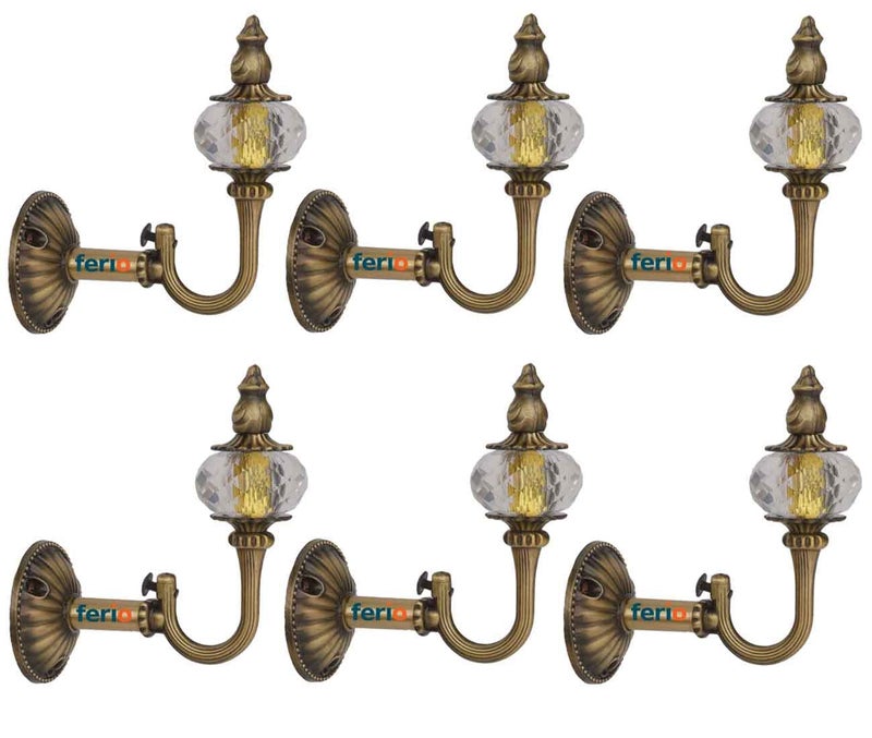 FERIO Heavy Zinc and Diamond Curtain Bracket Rod Holder and Brackets Set for Door and Window Curtain Accessories Parda Holder Curtain Knob for Home Decor (Brass Antique, Pack of 6) - Image 1